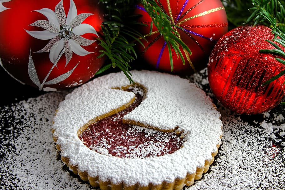 three red christmas baubles beside pie, biscuit, bake, cookie HD wallpaper