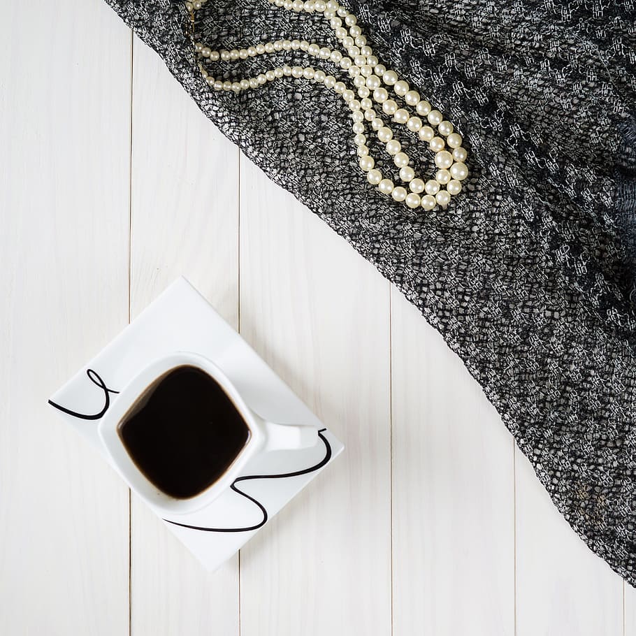 composition, coffee, teacup, shawl, chaplet, lay flat, white HD wallpaper