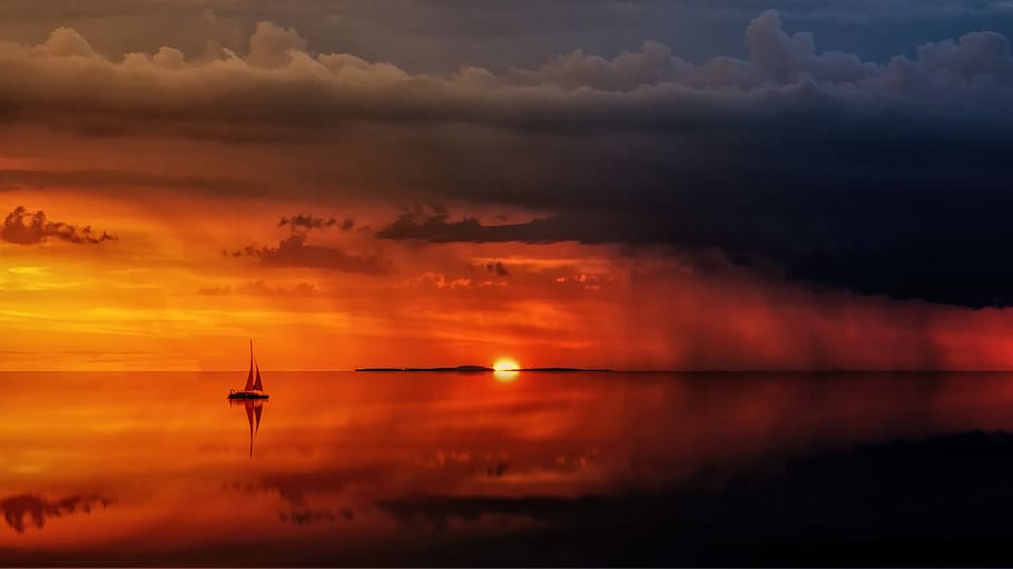 sea, sailing boat, sun, clouds, abendstimmung, rest, ocean, HD wallpaper