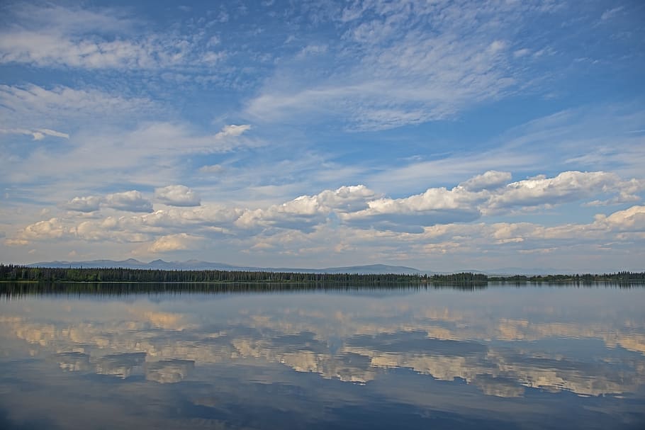 clouds, lake, nature, reflection, river, scenic, sky, trees HD wallpaper