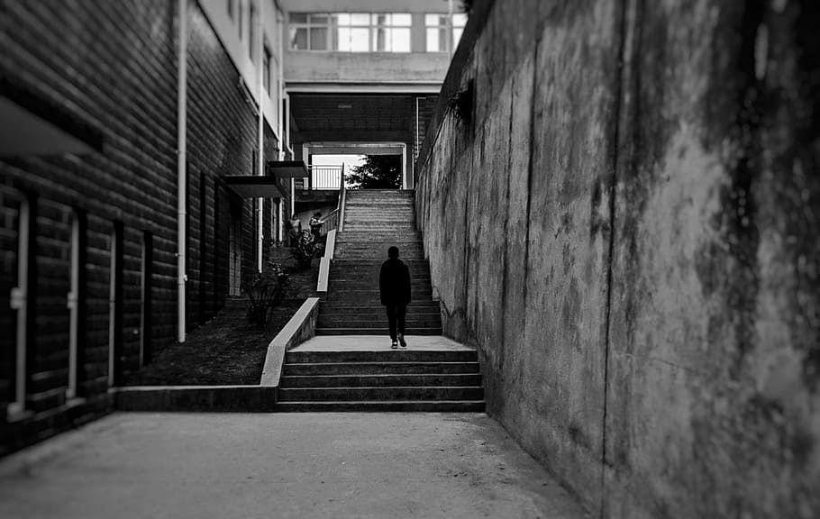 Lonely people, person walking on stairs, steps, concrete, building HD wallpaper