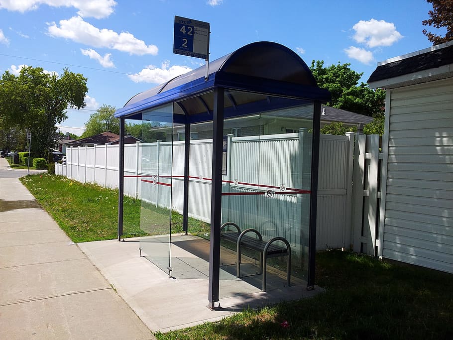 black and blue waiting shed, Bus Stop, Shelter, Street, Grass, HD wallpaper