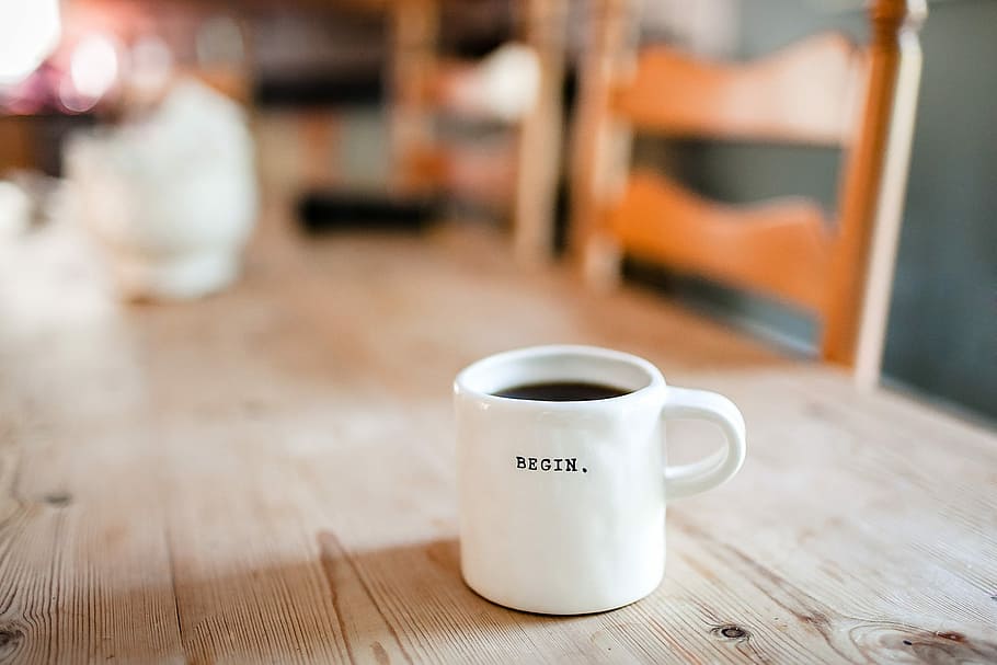 white ceramic mug on table, white ceramic mug on brown wooden tabletop, HD wallpaper