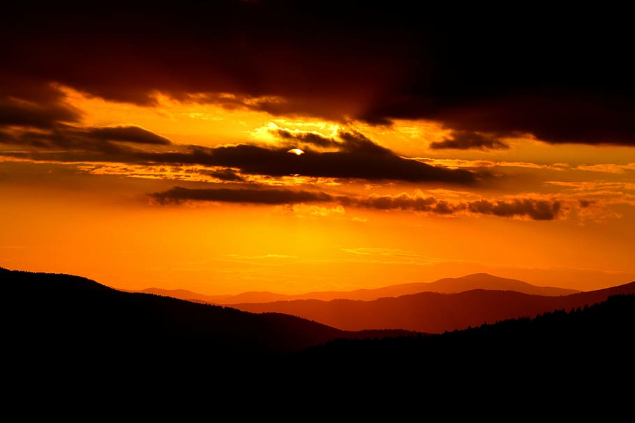 silhouette of mountains during sunset, sky, landscape, nature HD wallpaper