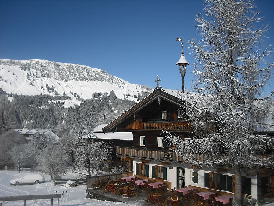 Chalet, Winter, Sky, snow, mountain, nature, tree, outdoors HD wallpaper