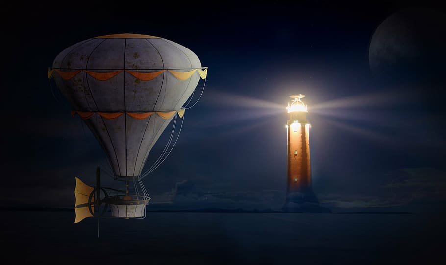 gray air balloon gliding near brown light tower, lighthouse HD wallpaper