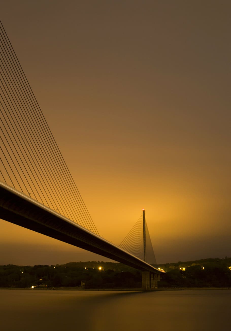 bridge, night, river, evening, lights, shore, stay, water courses HD wallpaper