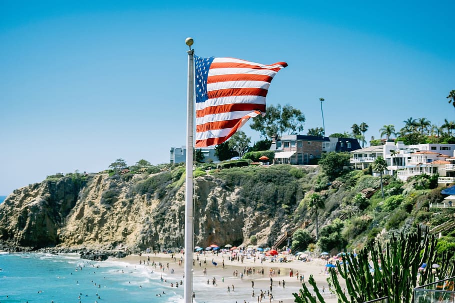 nature, sand, summer, beach, water, sea, ocean, flagpole, america HD wallpaper