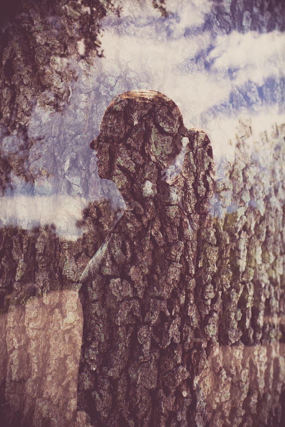double, exposure, girl, tree, art, female, portrait, creative HD wallpaper