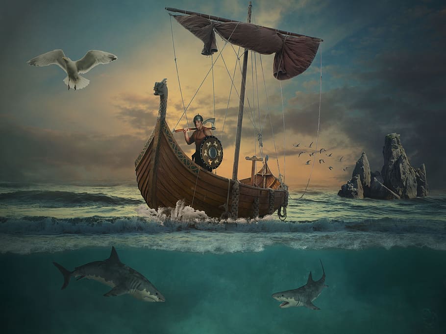 man on boat painting, waters, ocean, sea, vikings, island, boot HD wallpaper
