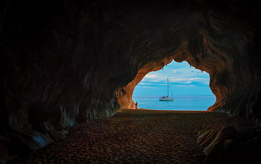 sea, dawn, landscape, nature, background, beach, blue, cave, dark HD wallpaper