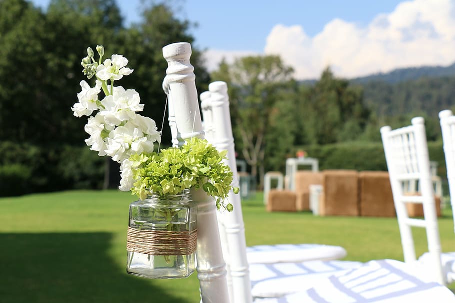 white flowers on clear glass vase, chairs, garden, wedding, trim, HD wallpaper