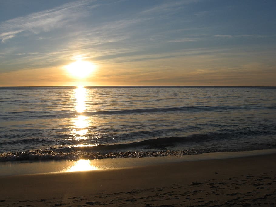 sunset, sunrise, sky, nature, sea, dawn, landscape, cloud, beach HD wallpaper