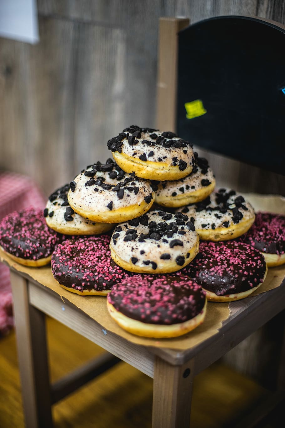 assorted pastries on table, donuts on chair, doughnut, cake, icing HD wallpaper