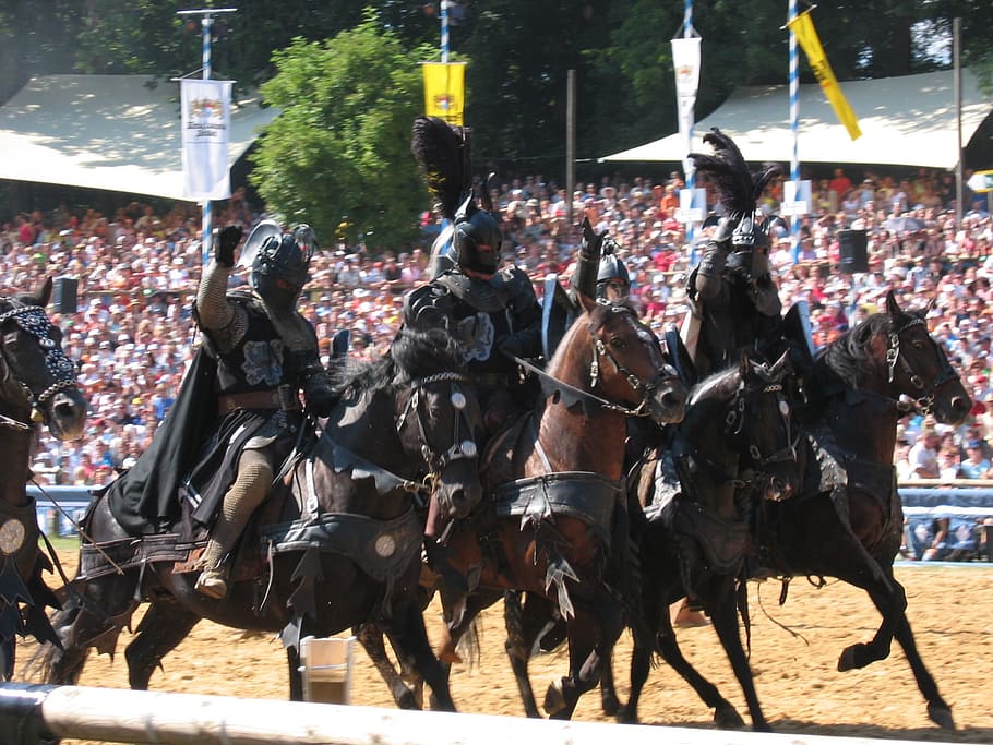 four gladiators riding horses, knight, knights tournament, ride, HD wallpaper