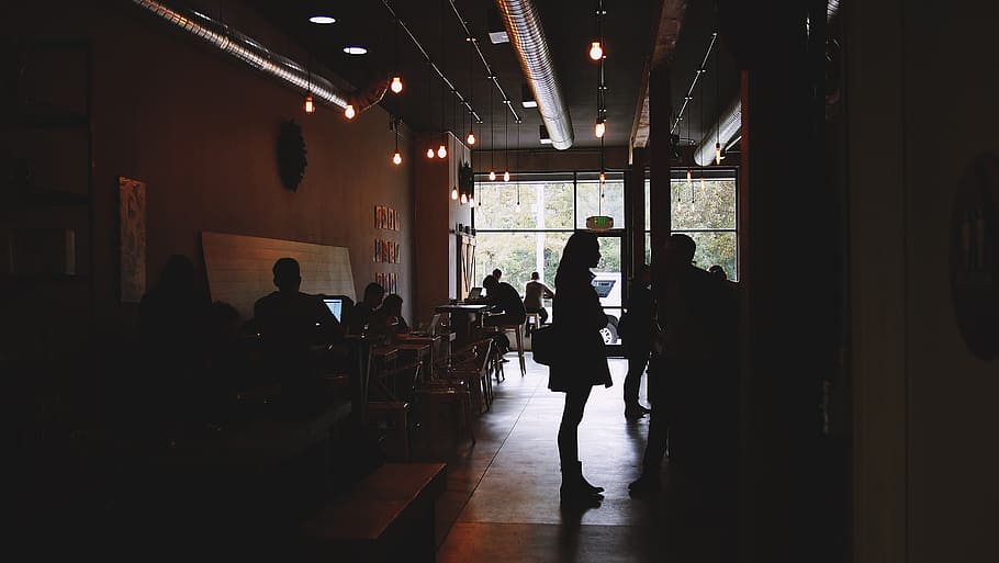 silhouette photography of woman standing in room, cafe, people HD wallpaper