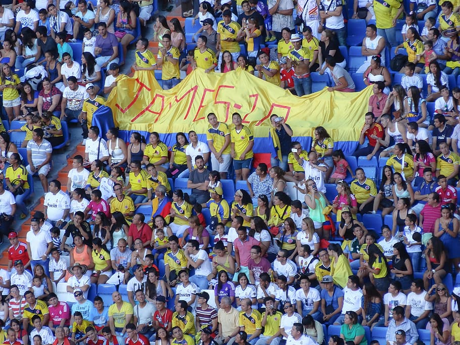 person holding banner, stadium, public, colombian, bernabeu, real madrid, HD wallpaper