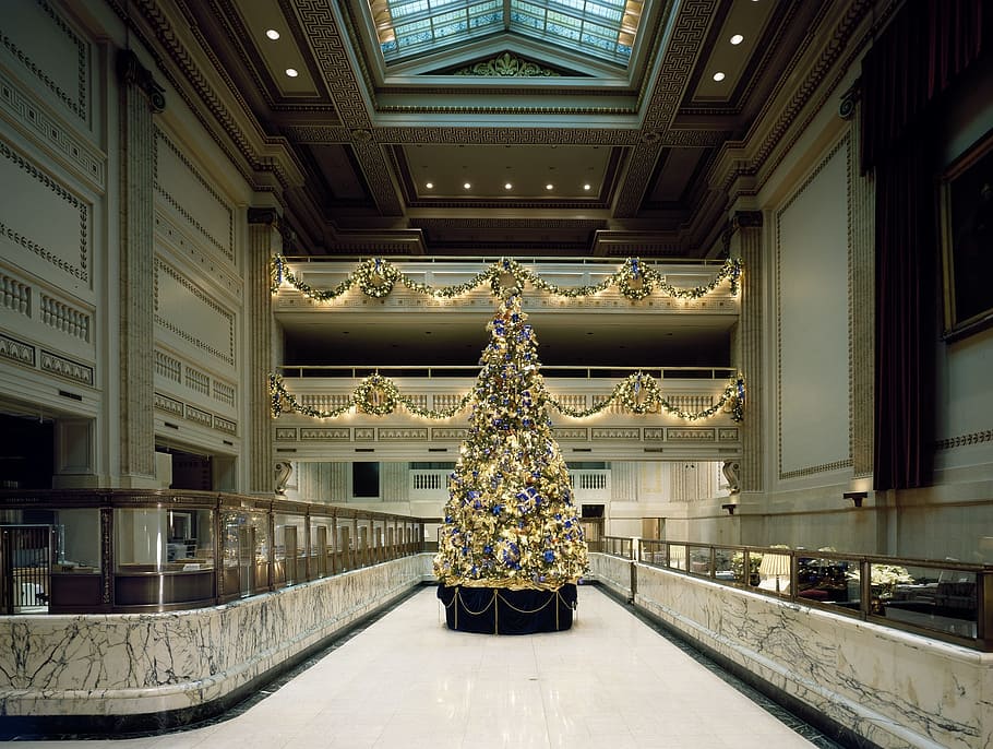 Christmas tree inside a building, decorations, lights, office building HD wallpaper