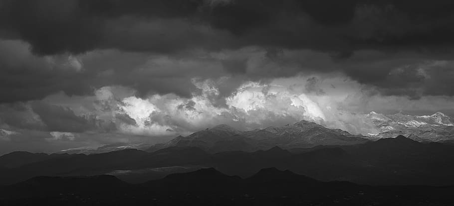 grayscale photo of mountains, clouds, storm, desert, dark, landscape