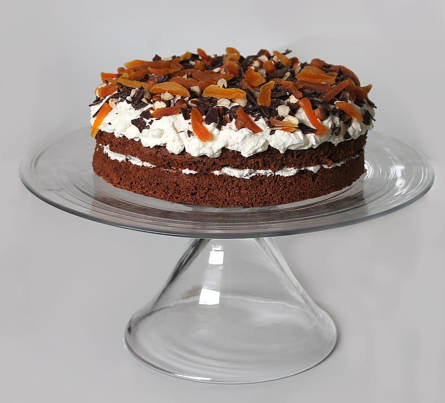 cake on top of glass stand, layer cake, rye bread pie, dessert HD wallpaper