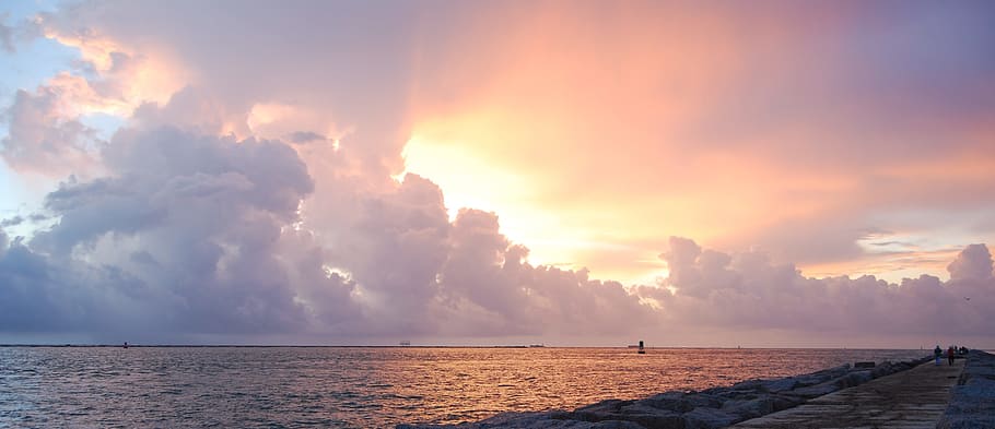golden hour photography of sea shore, sunrise, clouds, sky HD wallpaper
