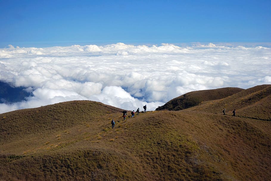 people climbing on mountain during daytime, people walking on mountain overlooking the clouds HD wallpaper