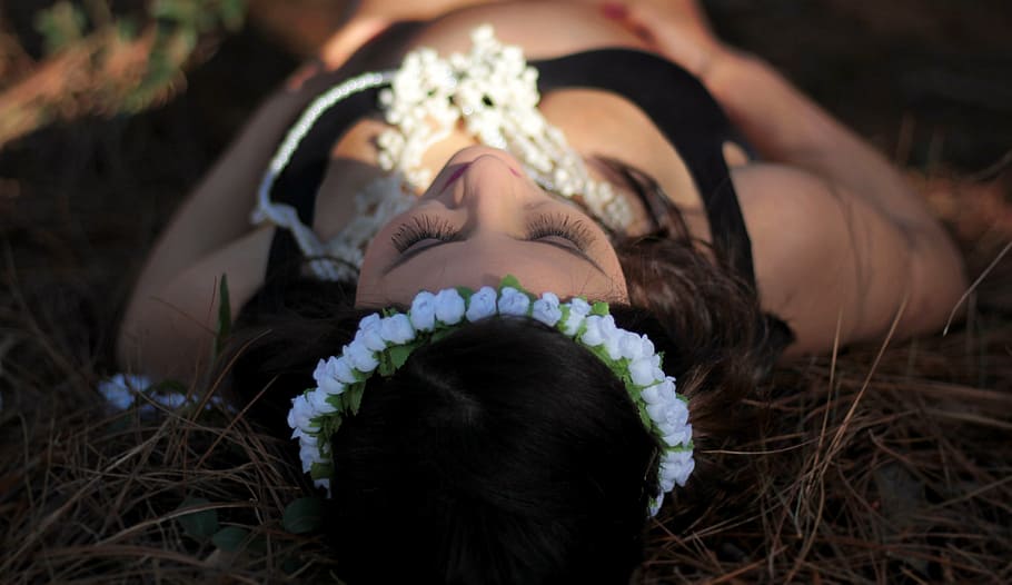 woman lying on grass wearing white flower headdress, flowers HD wallpaper