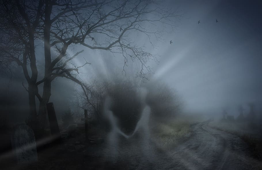 woman and man ghosts on pathway, spooky, death, cemetery, graves