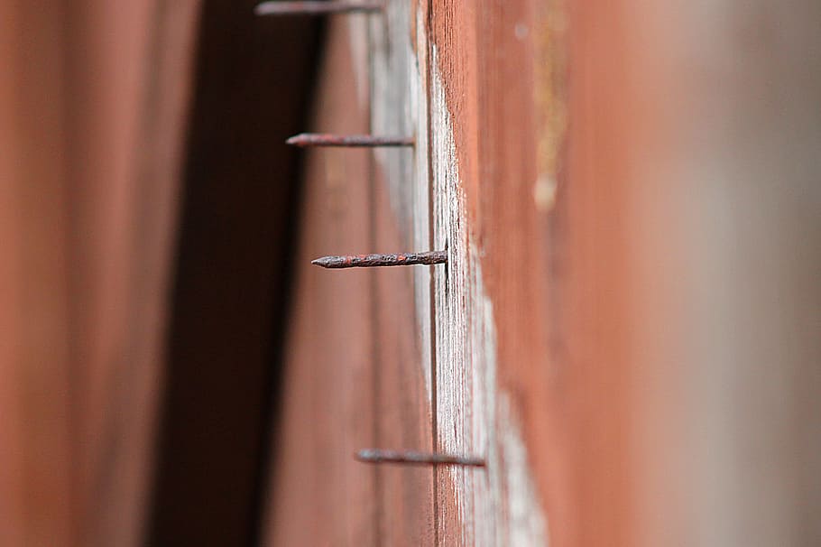 Nail, Sharp, Exposed, protrude, rusty, rustic, weathered, lineup HD wallpaper