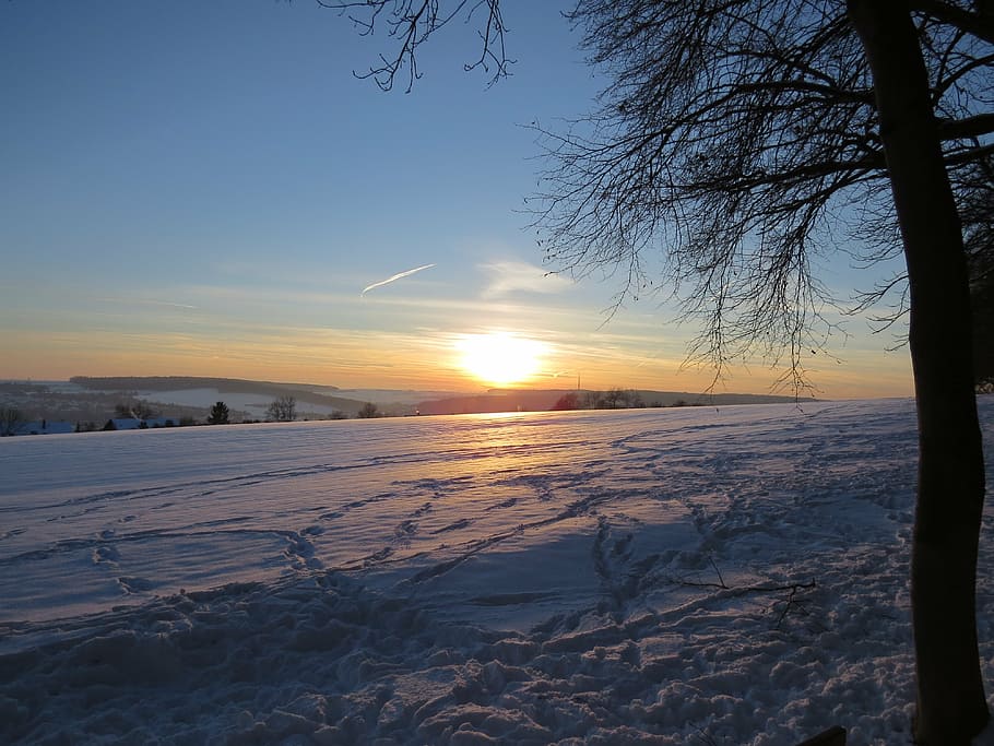 snowfield, winter, cold, wintry, sunset, cold temperature, sky HD wallpaper