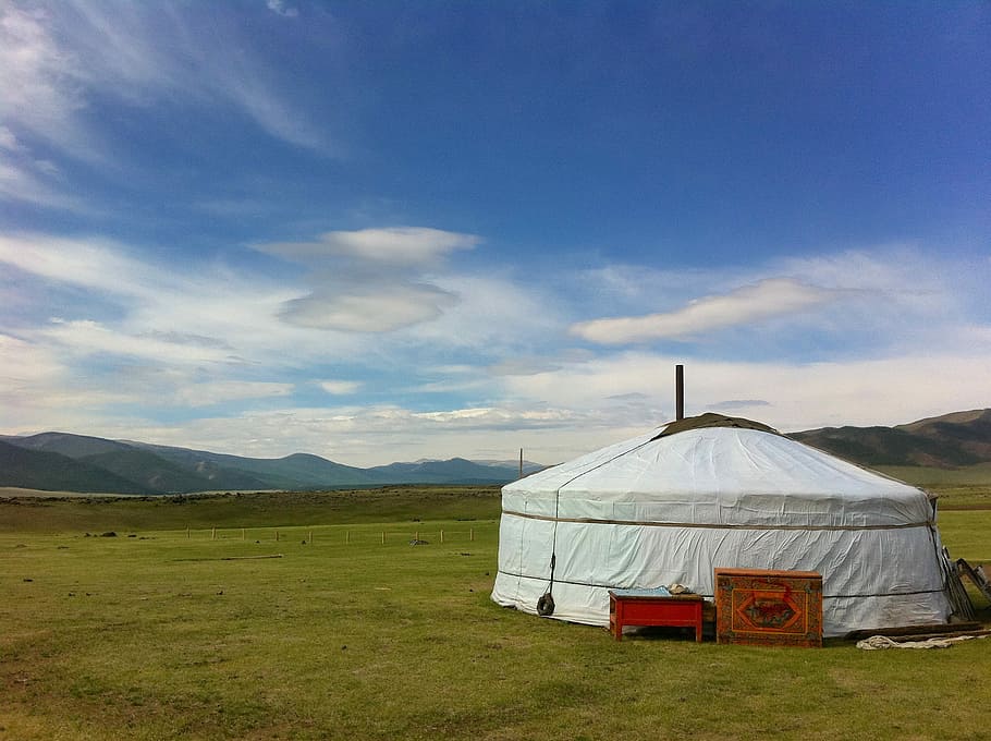 white tent under sunny sky, Mongolia, Landscape, Clouds, Grass HD wallpaper