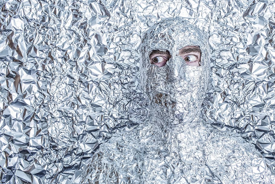 person covered with foil, people, whimsical, lazy, silly, tinfoil