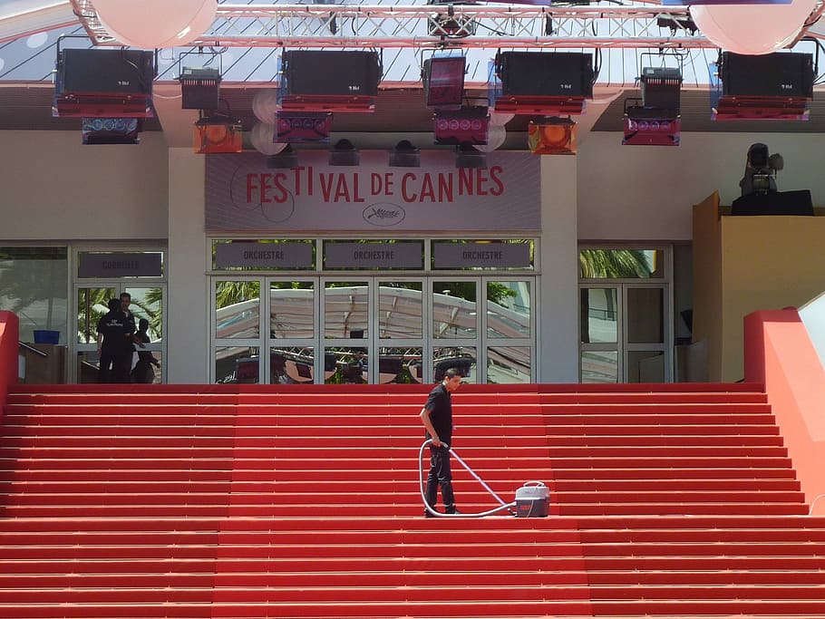 man vacuuming on red stairs, Cleaning, Cleanliness, person, cannes, HD wallpaper