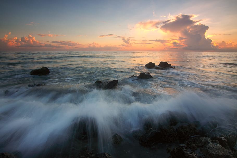 sea, dawn, landscape, nature, beach, clouds, dusk, evening, horizon HD wallpaper