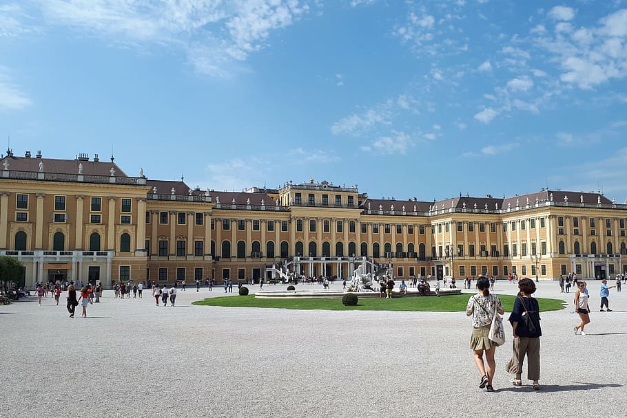 people walking around near structure, schönbrunn, vienna, austria, HD wallpaper