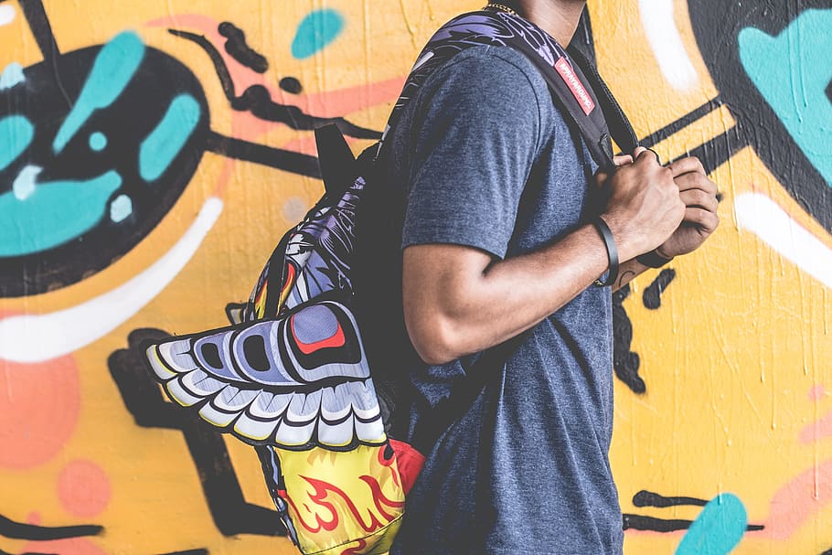 man wearing backpack, guy, student, people, art, mural, urban HD wallpaper