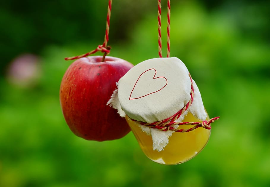 shallow focus photo of red apple, apple compote, jar, garden HD wallpaper