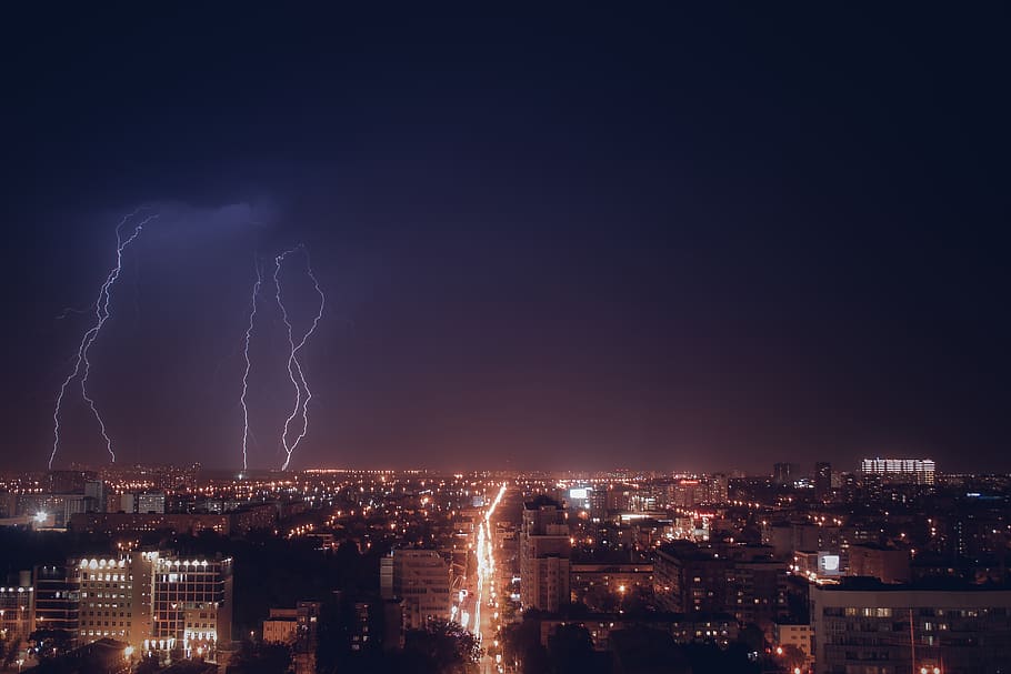 krasnodar, night, thunderstorm, lightning, dark, city, architecture, HD wallpaper