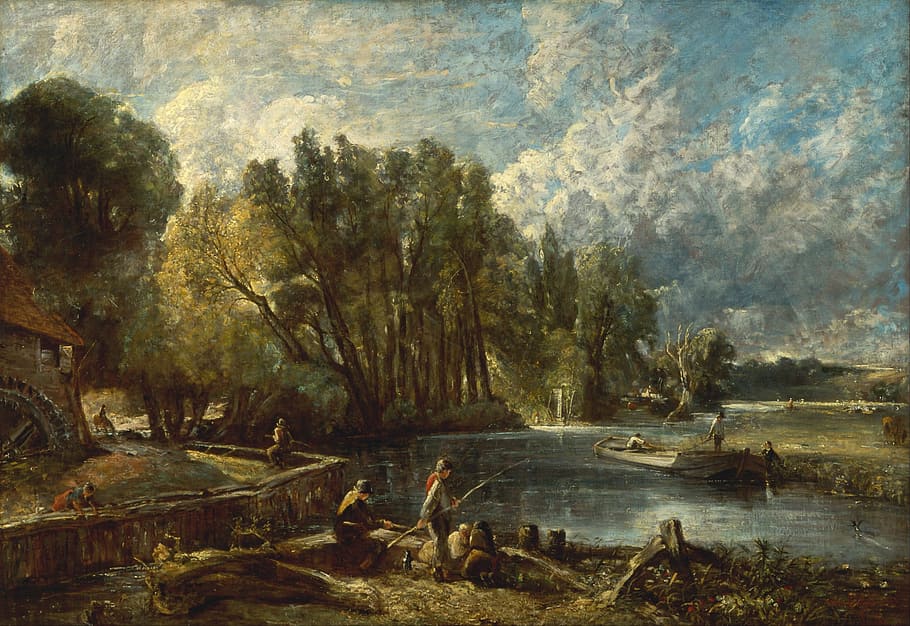 group of people fishing and surrounded by trees painting, John Constable