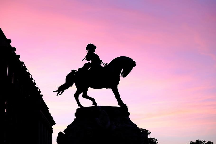 horse, statue, backlight, rosa, sky, sunset, romance, silhouette HD wallpaper