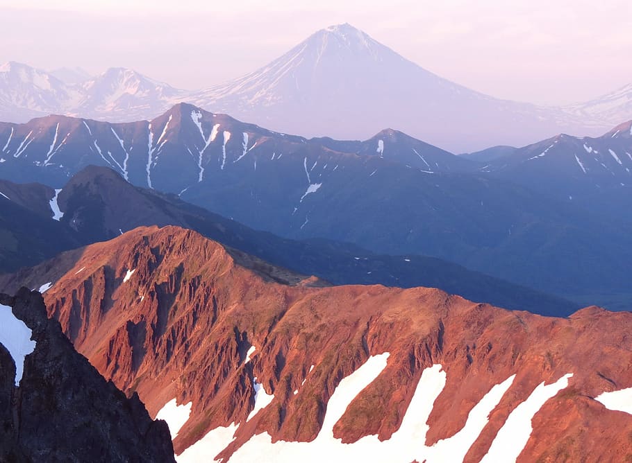 mountains, volcano, climbing, height, ranges, open space, evening HD wallpaper