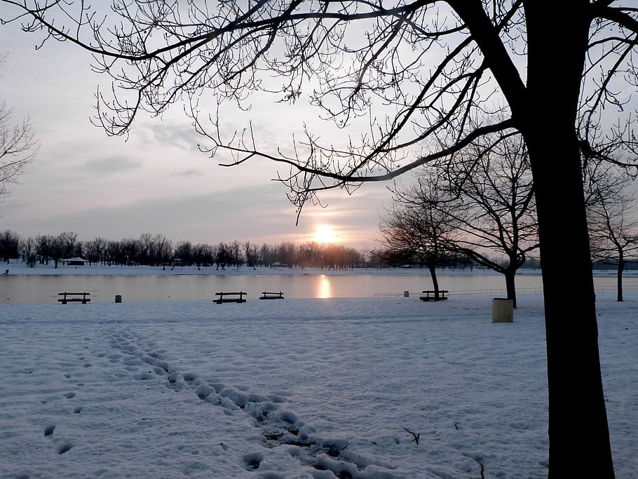 winter, lake, sunset, landscape, cold, season, outdoors, scene HD wallpaper