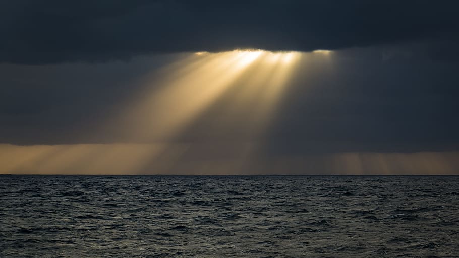 sunbeam, clouds, mood, sky, sunset, nature, light, lichtspiel HD wallpaper