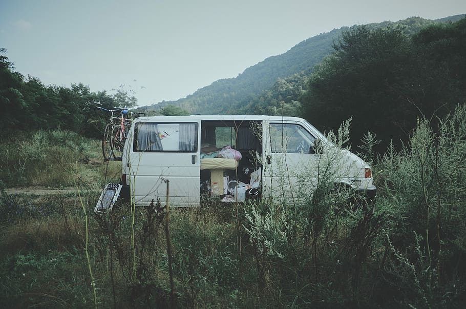 van parked in grass field, white van on forest, car, bicycle HD wallpaper