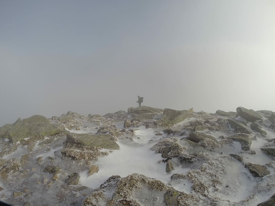 top view of mountain field with snows, man in the middle of rocky field HD wallpaper