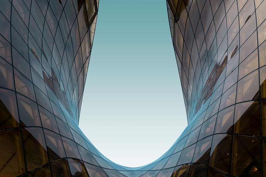 glass high rise building under blue sky, photo of gray metal building HD wallpaper