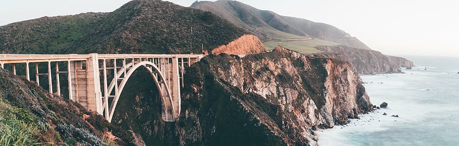 high angle view of bridge, bixby bridge, mountains, land, california, HD wallpaper