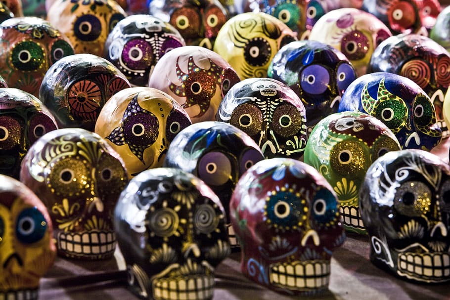 assorted-color skull figurines, sugar skulls, culture, painting