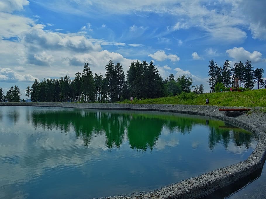 Storage Pond, Mirroring, Sky, forest, trees, mountain, ettelsberg HD wallpaper