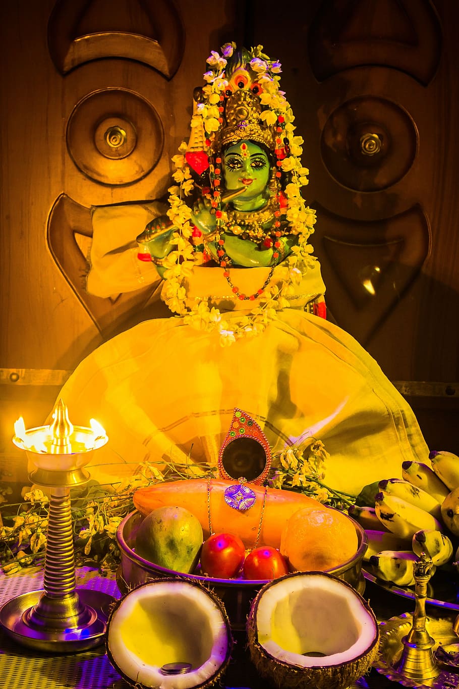 fruit sacrifices for Deity figurine, kerala, india, vishu, vishukkani